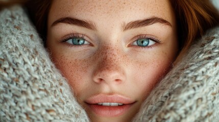 Close-up of a woman’s serene face nestled in a soft woolen sweater, illuminated by warm, gentle light, highlighting the natural fibers and delicate fabric textures in a cinematic, cozy composition.