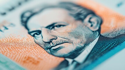 Macro view of a crisp new banknote, showing sharp printing and vibrant colors, freshly issued