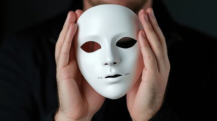 Symbolic portrait featuring a figure holding a featureless white mask under dramatic chiaroscuro lighting, evoking introspection, duality, and emotional depth.