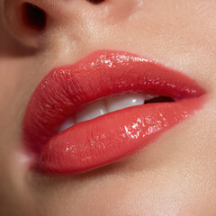 Glossy coral lips with sheer finish, showcasing vibrant and fresh look. close up highlights smooth texture and natural shine, evoking sense of beauty and allure