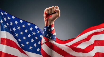 American Revolution symbolized by a bloody fist wrapped in the flag
