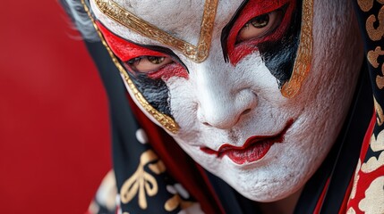 Dramatic presentation of a model wearing a Japanese Noh mask, illuminated with sculpted light and surrounded by a deep red atmospheric background.