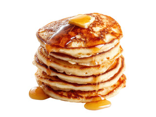 Stacked golden pancakes with melting butter and dripping syrup image, Isolated, Transparent Png