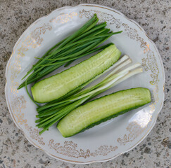 Closeup cucumber and green onion on the plate.