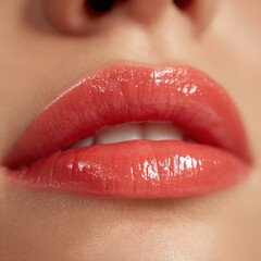 Obraz premium Glossy coral lips with sheer finish, showcasing vibrant and fresh look. close up highlights smooth texture and shine, evoking sense of beauty and allure