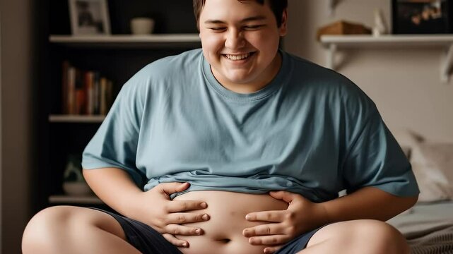 Joyful moment of chubby teen boy laughing and holding belly while sitting on bed in cozy room