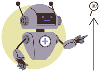 Robot with antennae engaging in futuristic gesture with eye in magnifier, symbolizing vision, innovation, analytics. Ideal for AI, robotics, healthcare, future tech, development digital tools