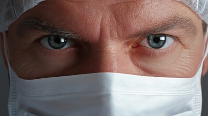 A male doctor in surgical scrubs prepares for an operation, his masked face and alert eyes lit by bright overhead lights in a sterile OR.
