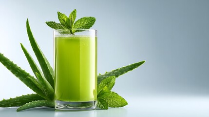 Green aloe vera and mint juice with fresh leaves in slim cylinder glass fresh look shadow free isolated rendering 
