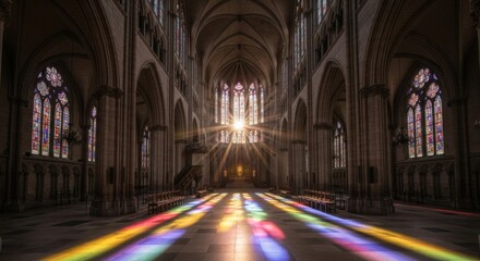 Fototapeta premium Sunlight Streams Through Stained Glass Windows Illuminating the Grand Cathedral Interior