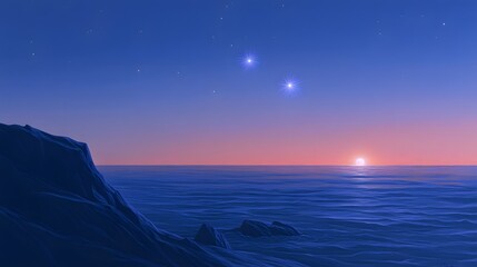 A tranquil seascape with a serene sunset and distant stars.