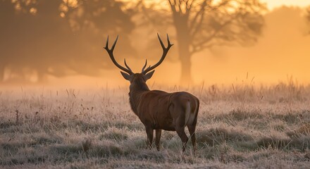 Obraz premium Majestic Stag Stands Proudly in a Misty Dawn Field with Golden Sunlight Illuminating the Serene Wilderness Landscape