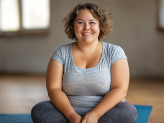 Smiling and confident plus size Caucasian woman sitting on yoga mat ready for exercise, copy space
