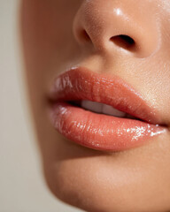 Close up of luscious lips featuring peachy natural tone, showcasing clean skin and glowing finish. shiny lip gloss enhances overall radiant appearance, creating fresh and vibrant look
