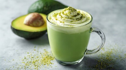 Green avocado juice in a thick transparent mug creamy texture with garnish no background clean light 