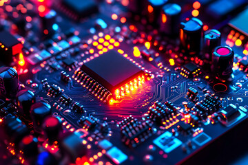 Obraz premium Close-up of a vibrant circuit board with glowing components in pink and blue light