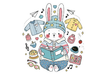 Adorable bunny reading a book surrounded by various cute items on a white background
