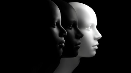 3D render of three black and white female mannequin heads in profile, each with different skin tones, arranged on one side against a dark background, creating an abstract representation of diversity.
