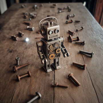 Peque&ntilde;o robot se mantiene de pie entre los pedazos de metal.