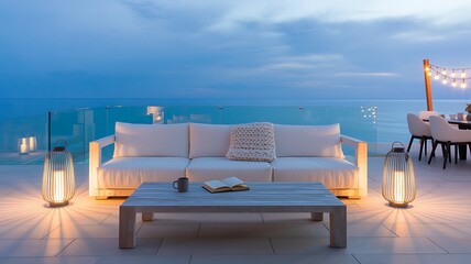 Fototapeta premium Modern patio furniture with ocean view at dusk sofa table