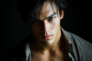 Handsome young man with dark hair looking directly at the camera in close-up shot