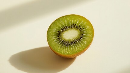 Split Kiwi Fruit: A close-up, minimalist shot of a single kiwi fruit, sliced in half, showcasing its vibrant green pulp, white core, and tiny black seeds, against a clean white background.