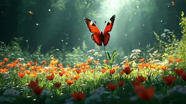 Enchanting butterfly flitting over a vibrant field of flowers in a magical forest scene