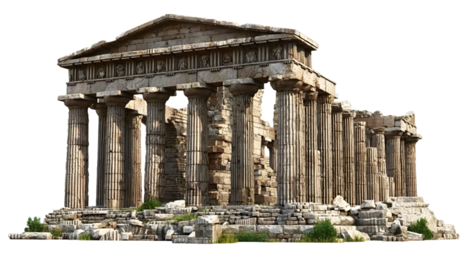 Majestic ancient Greek temple ruins with imposing columns and a crumbling pediment, on a transparent background