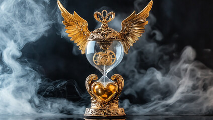 Luxury timepiece with heart-shaped gears and decorative bird wings in gold and crystal