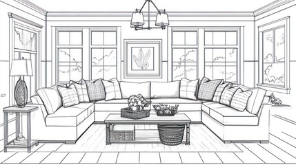 Line drawing of a modern sectional sofa in a living room.