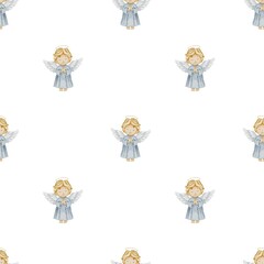 Whimsical watercolor angels create an enchanting seamless fabric design for wrapping and wallpaper