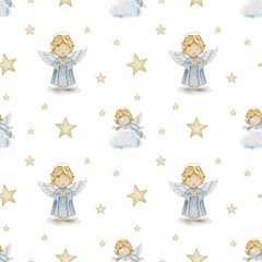 Watercolor angels and stars pattern on a seamless white background for textiles
