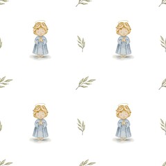 Soft watercolor pattern featuring angelic children and delicate leaves for textile design