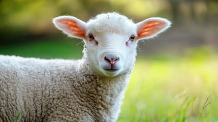 Obraz premium A white lamb with pink ears and a pink nose, standing in a green field with a blurred background.