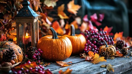 Two pumpkins and grapes on a wooden table with autumn leaves and a lantern.