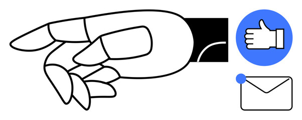 Outlined hand pointing, thumbs-up icon in blue circle, and envelope graphic conveying interaction, communication, feedback, approval, email, digital connection and decision-making. Ideal for social