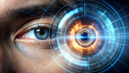 Closeup of a human eye with a futuristic digital interface overlay, creating a cyberpunkstyle image