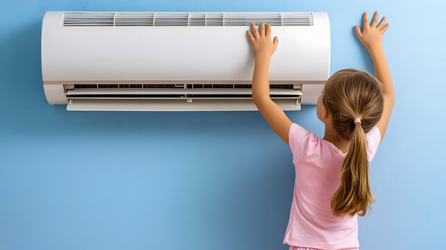 A little girl is leaning on the air-conditioner for relief.