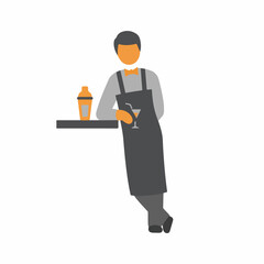 Bartender illustration leaning on bar counter with cocktail shaker. Bartender illustration features a server in apron, ready to craft drinks, emphasizing quality and professionalism for any occasion.