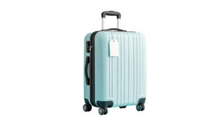 Turquoise Rolling Suitcase With Blank Tag Isolated Transparent Background