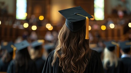 A woman in a graduation gown stands in a classroom with other graduates in caps and gowns, wearing black graduation caps with yellow tassels, and a black gown with a white background.
