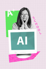 Vertical art 3d creative image collage of minded teenage girl peek pc monitor receive excellent...