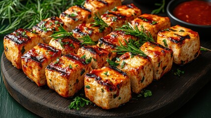Grilled cubed protein skewers, garnished with fresh herbs, on a wooden board