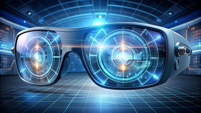 Closeup view of futuristic smart glasses with a headsup display showing digital information