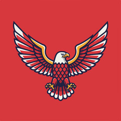Obraz premium Patriotic eagle illustration with dynamically spread wings on a red background. Eagle is an emblem of power with wings spread.