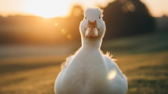 Close up video of a white duck walking in warm sunset light across grassy field