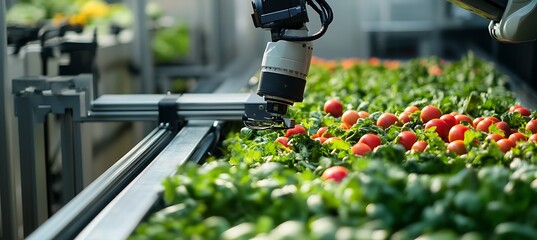 Robotic arm sorting harvested crops on automated conveyor 