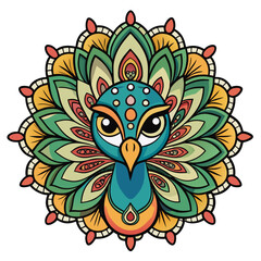 Fototapeta premium A cute cartoon owl with heart-patterned wings and a brown feather design is illustrated on an abstract floral background with other wild birds