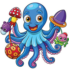 Friendly octopus waving and holding toys in a playful pose
