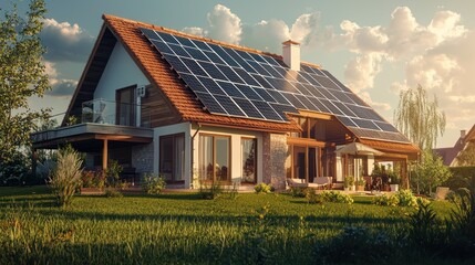 A white house with solar panels on the roof, surrounded by a green lawn and trees, under a clear blue sky with fluffy white clouds.